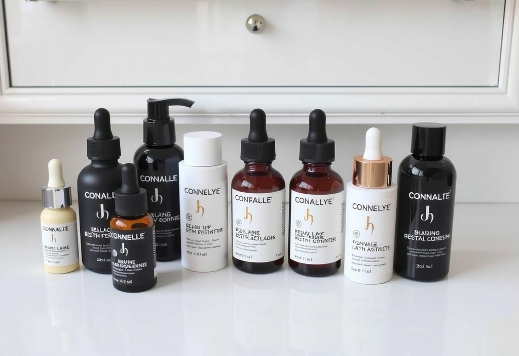 A collection of elegant skincare products, including serums, moisturizers, and toners, neatly arranged on a clean, minimalist vanity with soft lighting.