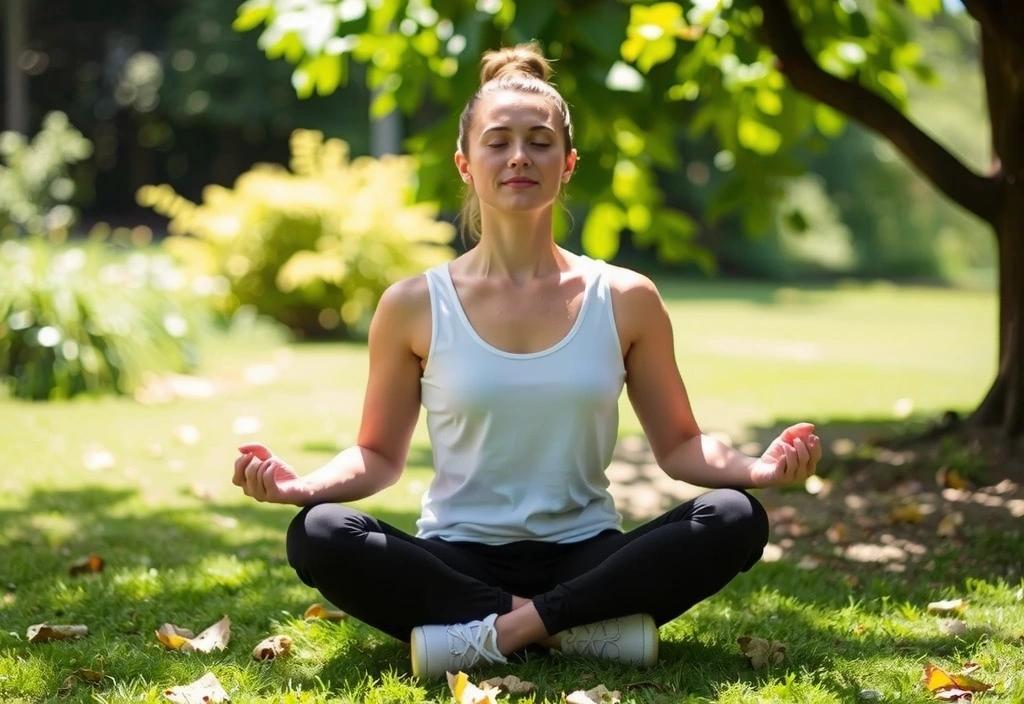 A person meditating peacefully in a tranquil natural setting, with soft sunlight and lush greenery in the background, conveying calm and focus.