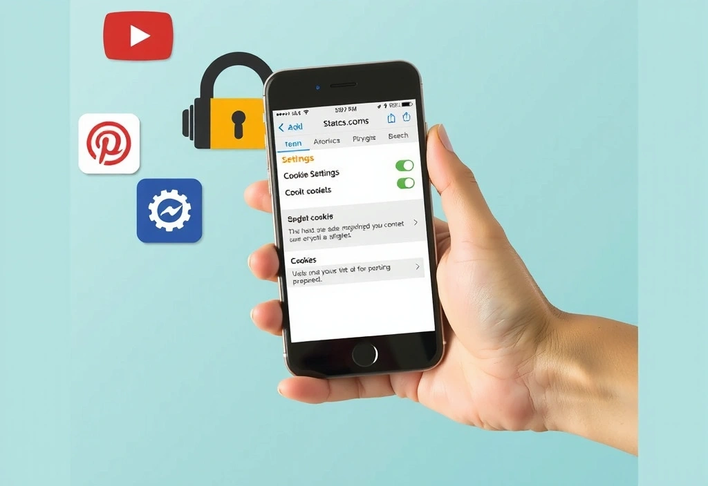 A hand holding a smartphone displaying cookie settings, with privacy icons in the background, illustrating user control over digital footprint.
