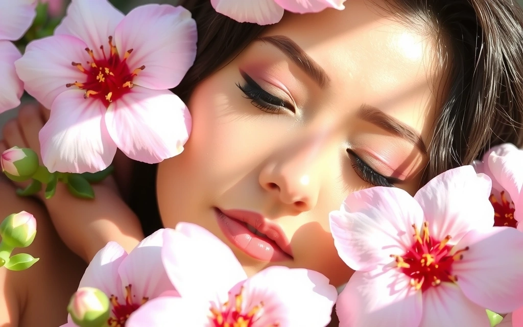 A serene woman with clear, radiant skin, surrounded by soft, blooming flowers, conveying beauty and tranquility.
