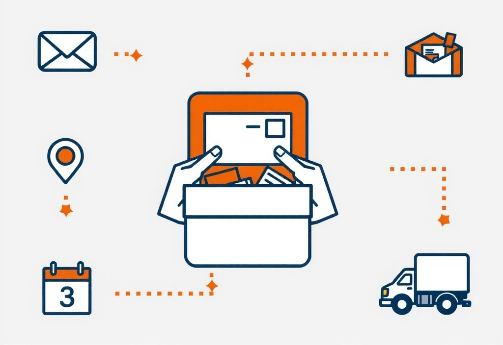 Package being prepared for shipping with tracking icons