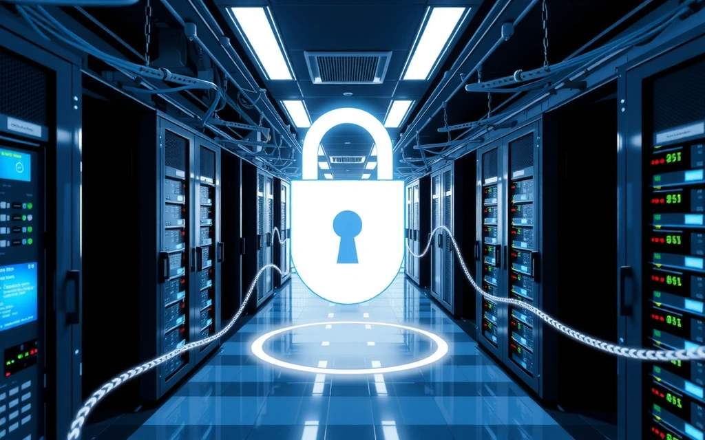 A secure server room with data flowing between interconnected systems, symbolizing data processing and security.